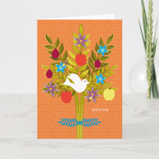 Tree of Life Rosh Hashanah Dove Flowers and Fruit Holiday Card (Front)