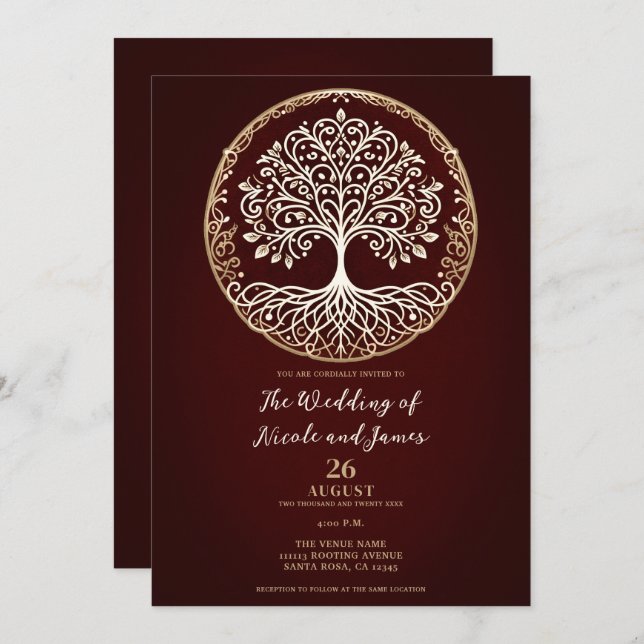 Tree of Life Rustic Dark Red Celtic Wedding Invitation (Front/Back)