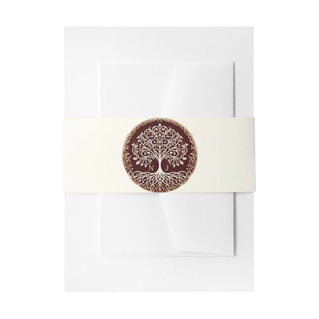 Tree of Life Rustic Dark Red Celtic Wedding Invitation Belly Band (Front Example)