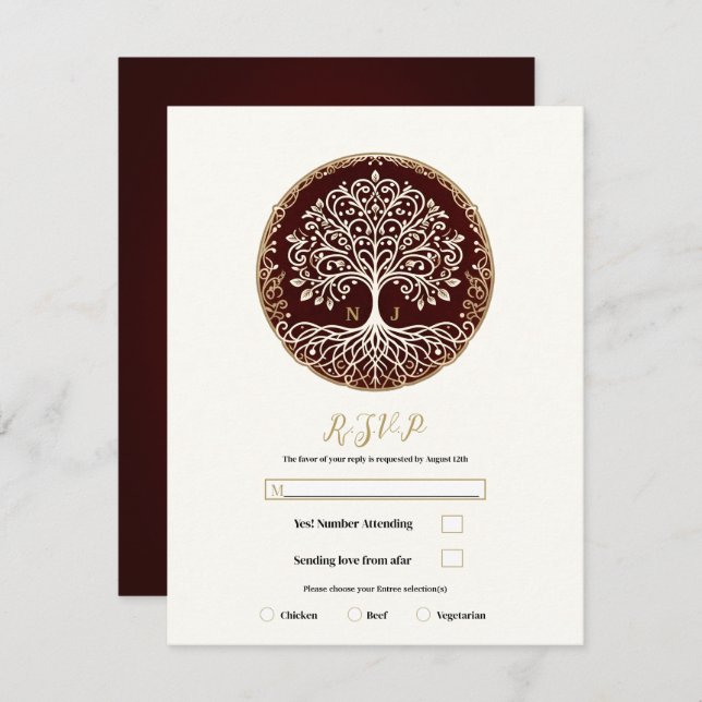 Tree of Life Rustic Dark Red Celtic Wedding RSVP Invitation (Front/Back)