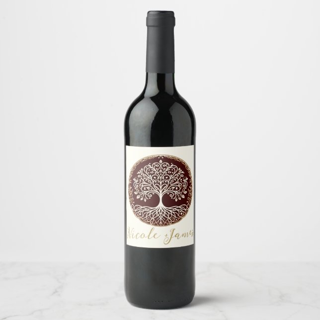 Tree of Life Rustic Dark Red Celtic Wedding Wine Label (Front)