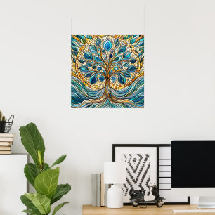 Tree of Life Shattered Glass Mosaic Aqua Blues  Poster
