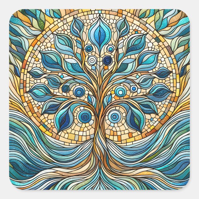Tree of Life Shattered Glass Mosaic Aqua Blues  Square Sticker (Front)