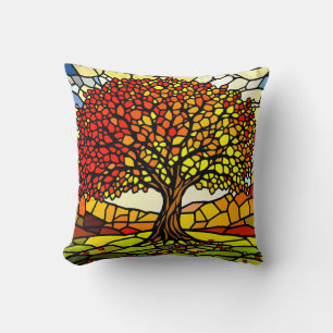 Tree of Life Shattered Glass Mosaic Autumn Colors Cushion