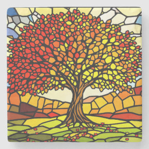 Tree of Life Shattered Glass Mosaic Autumn Colours Stone Coaster