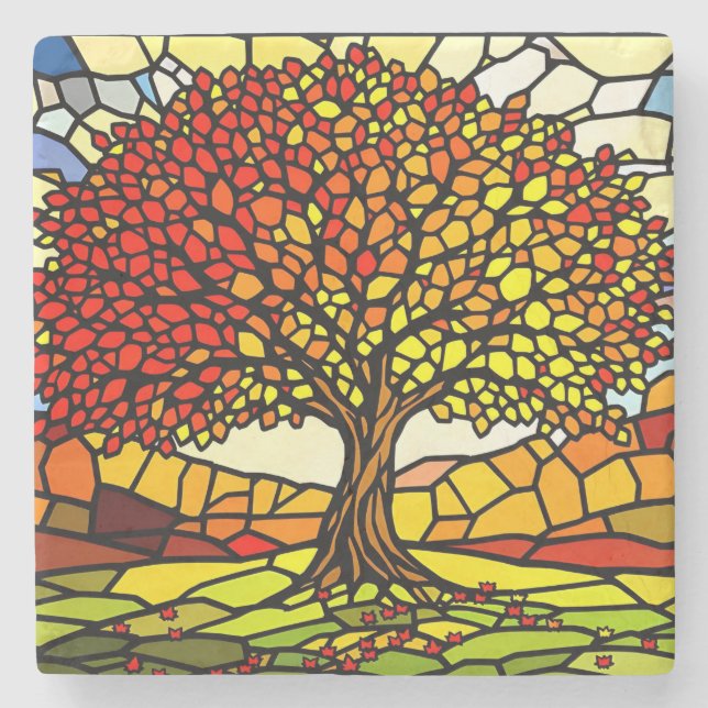 Tree of Life Shattered Glass Mosaic Autumn Colours Stone Coaster (Front)