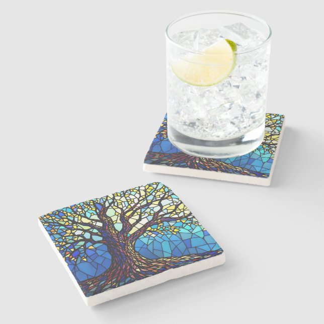 Tree of Life Shattered Glass Mosaic Stone Coaster (Side)