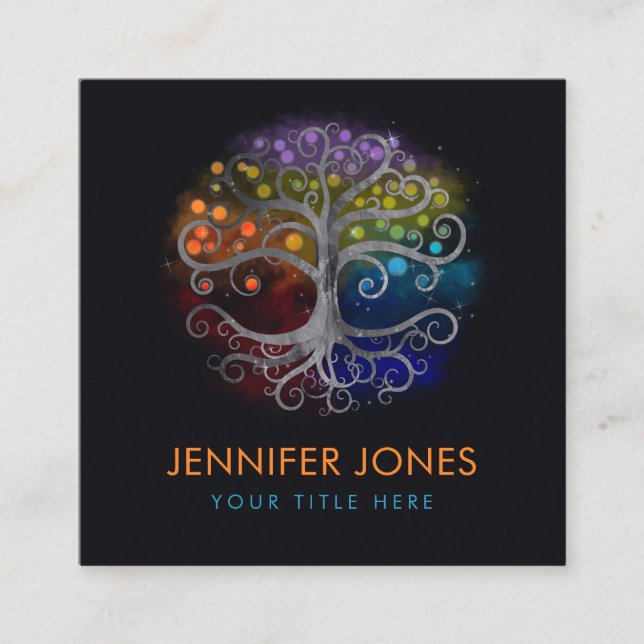 Tree of life Silver Swirl Square Business Card (Front)