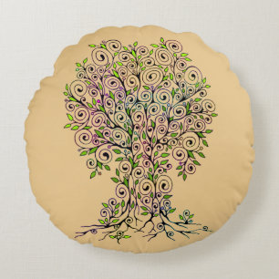 Tree Of Life - Spirals Leaves Fruits 1 Round Cushion