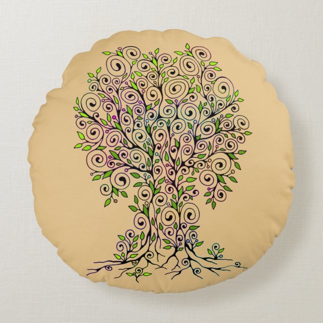 Tree Of Life - Spirals Leaves Fruits 1 Round Cushion (Front)