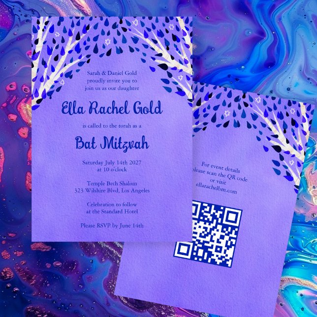 Tree of Life Stars Custom Bat Bar Mitzvah QR Code Invitation (Tree of Life Stars Custom Bat Bar Mitzvah QR Code Girl Watercolor Purple Invitation
)
