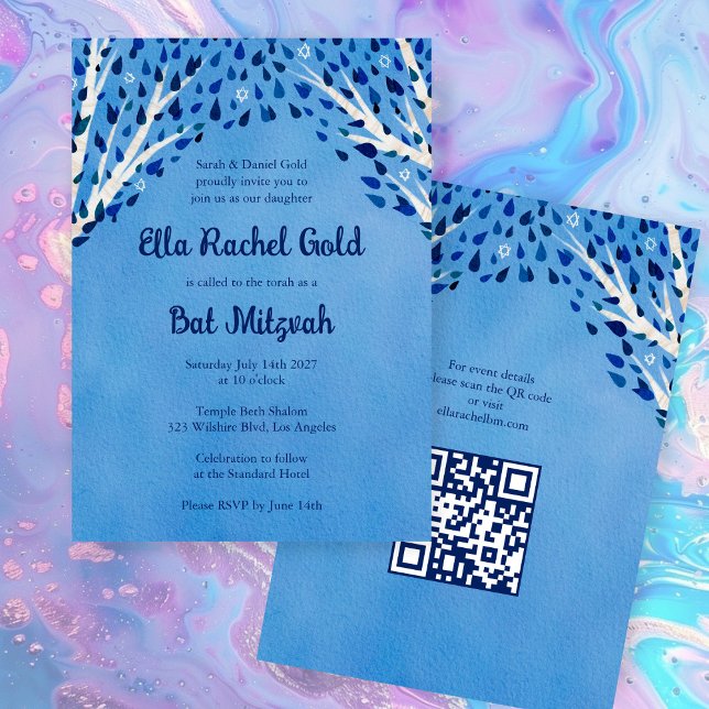 Tree of Life Stars Custom Bat Bar Mitzvah QR Code Invitation (Tree of Life Stars Custom Bat Bar Mitzvah QR Code Watercolor Modern Invitation
)