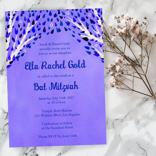 Tree of Life Stars Watercolor Bat Bar Mitzvah Invitation (Tree of Life Stars Watercolor Bat Bar Mitzvah Invitation Purple Girl Modern
)