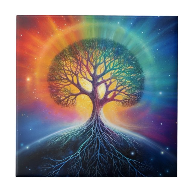 Tree Of Life Surreal Rainbow Art Ceramic Tile (Front)