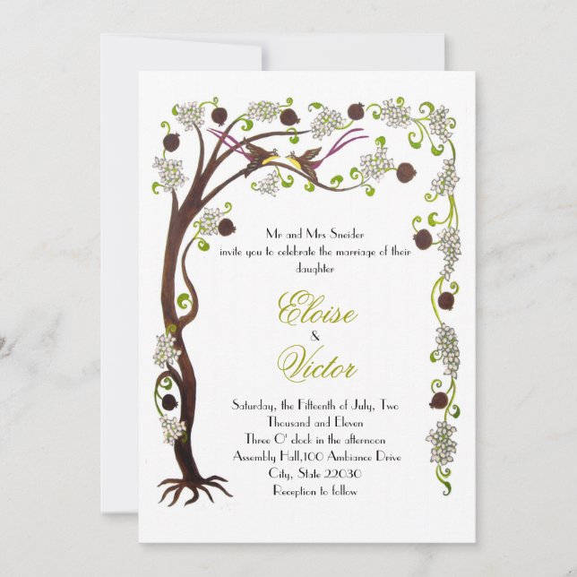 Tree of life wedding announcement, vertical invitation (Front)