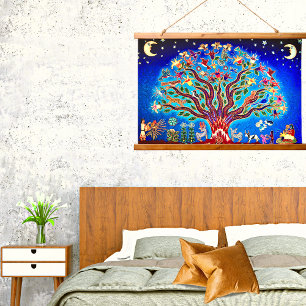 Tree Of Life With Birds & Flowers In The Night Sky Hanging Tapestry