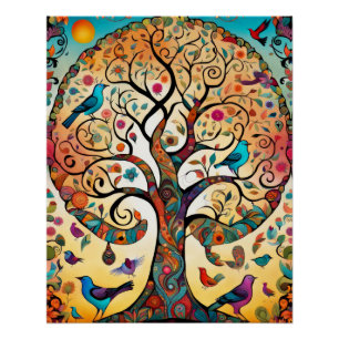 Tree of Life with Birds & Whimsical Floral Design Poster