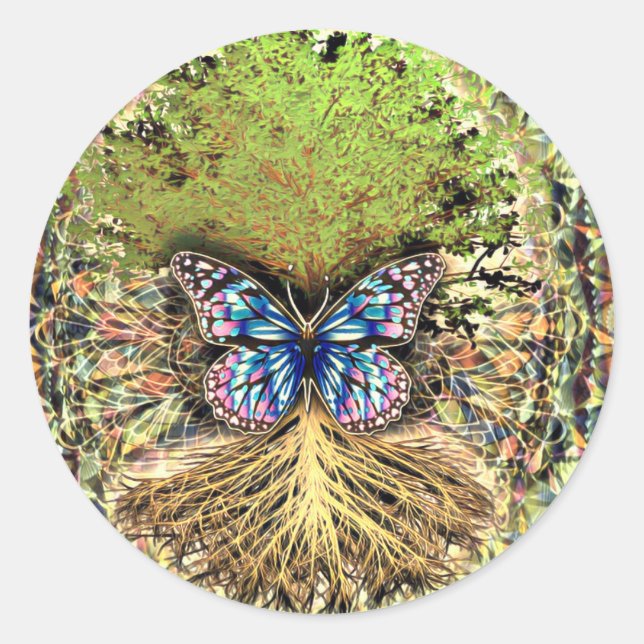 Tree of Life with Butterfly Gold Classic Round Sticker (Front)