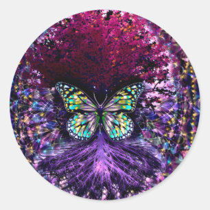 Tree of Life with Butterfly Purple Classic Round Sticker