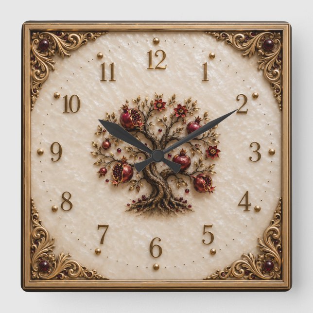 Tree of Life with Pomegranates | 3D Relief Art Square Wall Clock (Front)