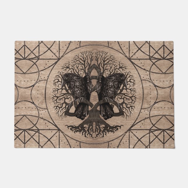 Tree of life - with ravens wooden texture doormat (Front)