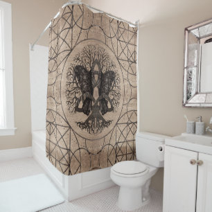 Tree of life - with ravens wooden texture shower curtain