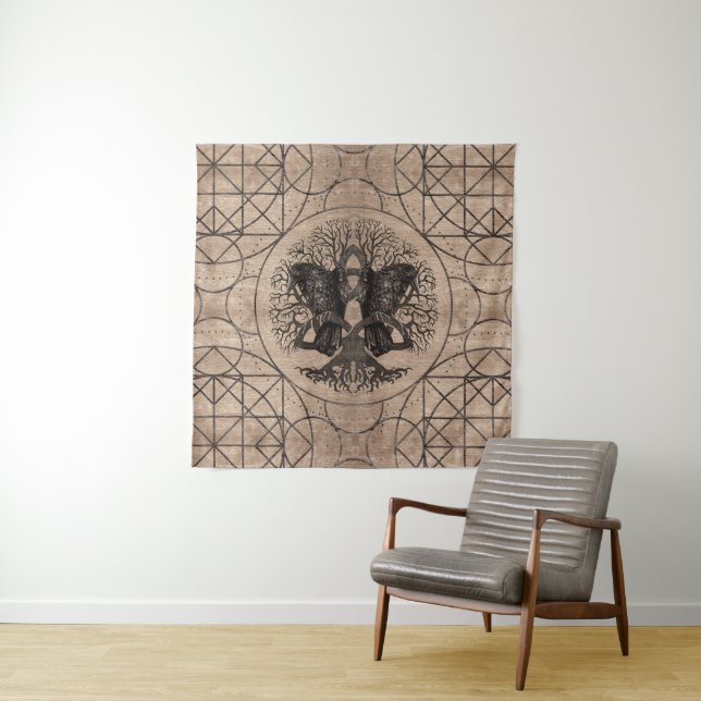 Tree of life - with ravens wooden texture tapestry (In Situ)
