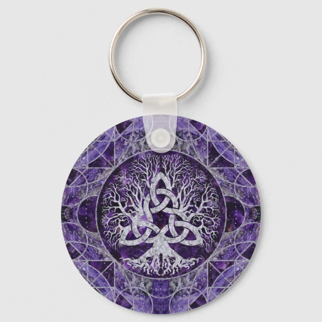 Tree of life with Triquetra Amethyst and silver Key Ring (Front)