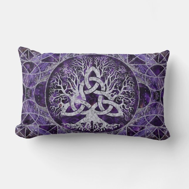 Tree of life with Triquetra Amethyst and silver Lumbar Cushion (Front)