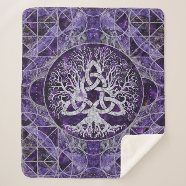 Tree of life with Triquetra Amethyst and silver Sherpa Blanket (Front)