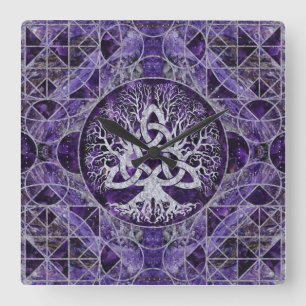 Tree of life with Triquetra Amethyst and silver Square Wall Clock