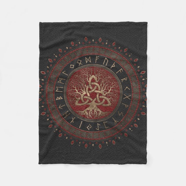 Tree of life with Triquetra Black Red Leather Fleece Blanket (Front)