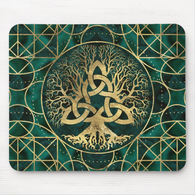 Tree of life with Triquetra Malachite and Gold Mouse Pad (Front)
