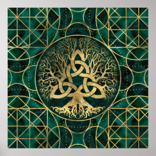 Tree of life with Triquetra Malachite and Gold Poster