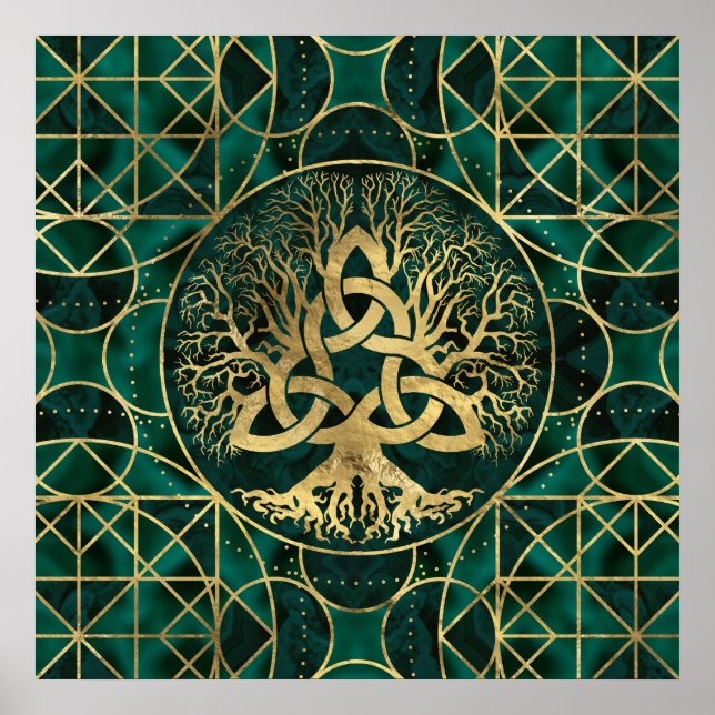Tree of life with Triquetra Malachite and Gold Poster (Front)