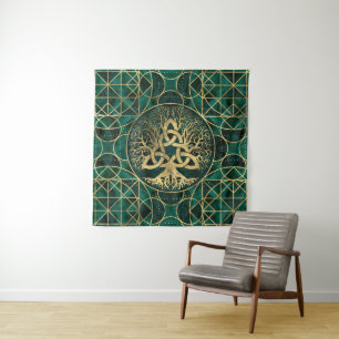 Tree of life with Triquetra Malachite and Gold Tapestry