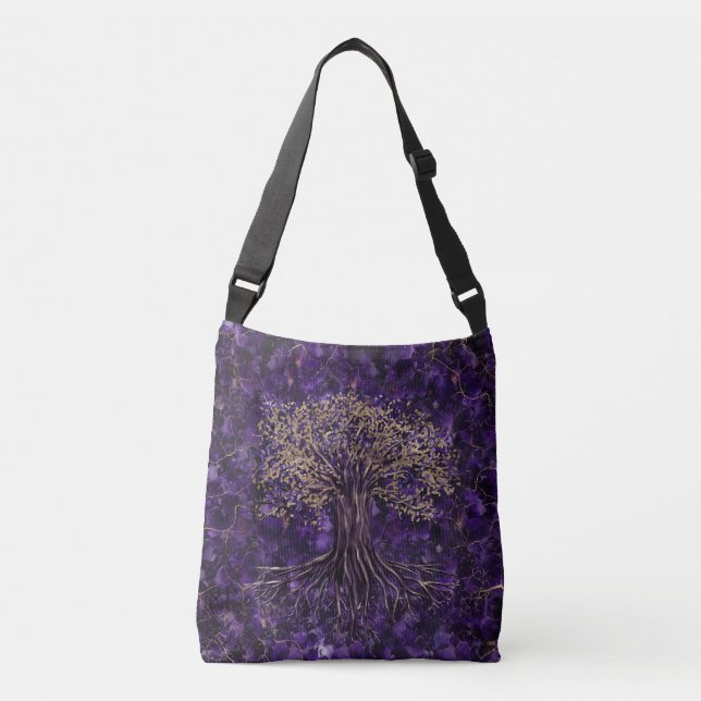 Tree of life -Yggdrasil Amethyst and Gold Crossbody Bag (Front)