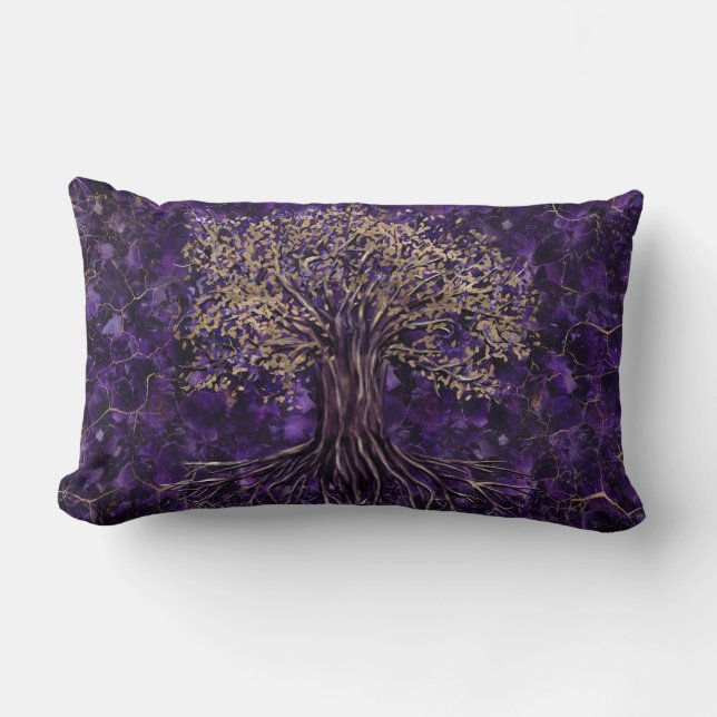 Tree of life -Yggdrasil Amethyst and Gold Lumbar Cushion (Front)