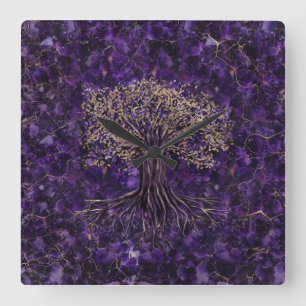 Tree of life -Yggdrasil Amethyst and Gold Square Wall Clock