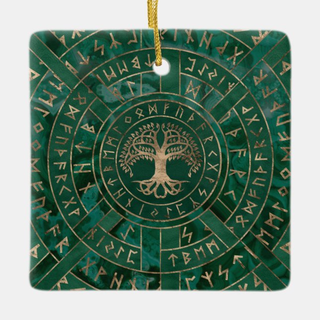 Tree of life -Yggdrasil and Futhark - Malachite Ceramic Ornament (Front)