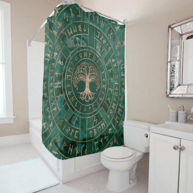 Tree of life -Yggdrasil and Futhark - Malachite Shower Curtain (In Situ)