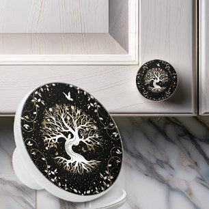 Tree of Life - Yggdrasil - black white and gold Ceramic Knob