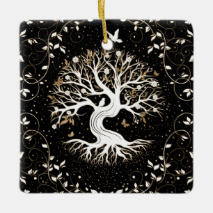 Tree of Life - Yggdrasil - black white and gold Ceramic Ornament