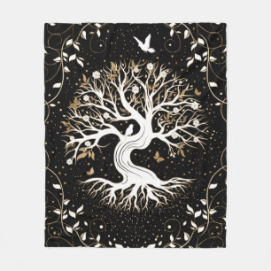 Tree of Life - Yggdrasil - black white and gold Fleece Blanket