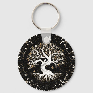 Tree of Life - Yggdrasil - black white and gold Key Ring