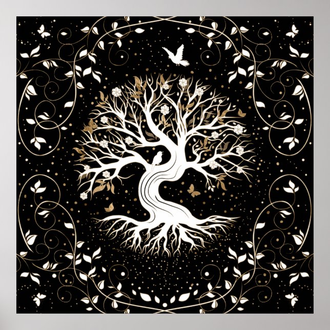 Tree of Life - Yggdrasil - black white and gold Poster (Front)