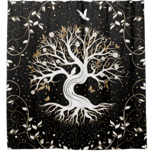 Tree of Life - Yggdrasil - black white and gold Shower Curtain