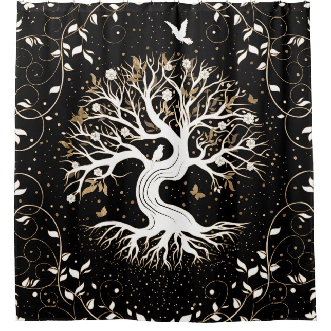 Tree of Life - Yggdrasil - black white and gold Shower Curtain (Front)