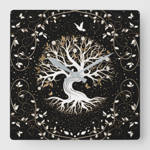 Tree of Life - Yggdrasil - black white and gold Square Wall Clock