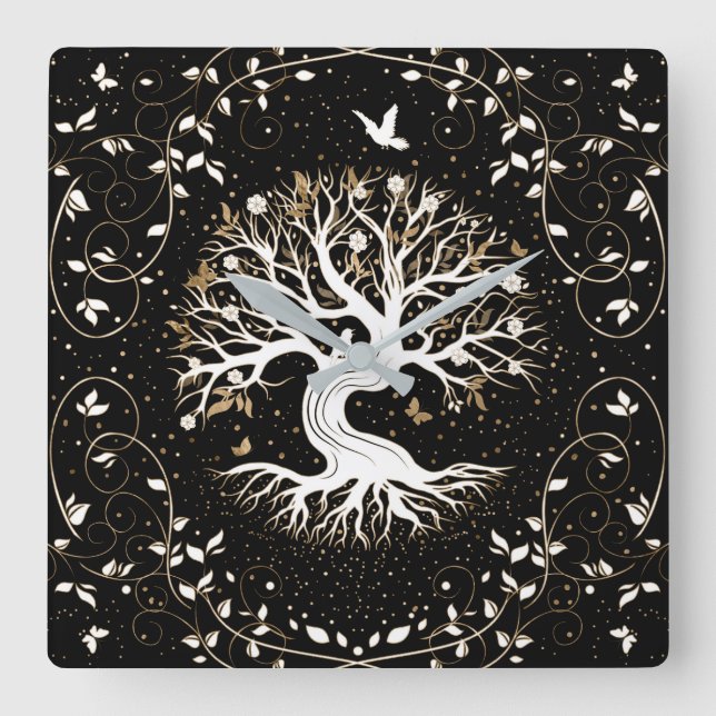 Tree of Life - Yggdrasil - black white and gold Square Wall Clock (Front)
